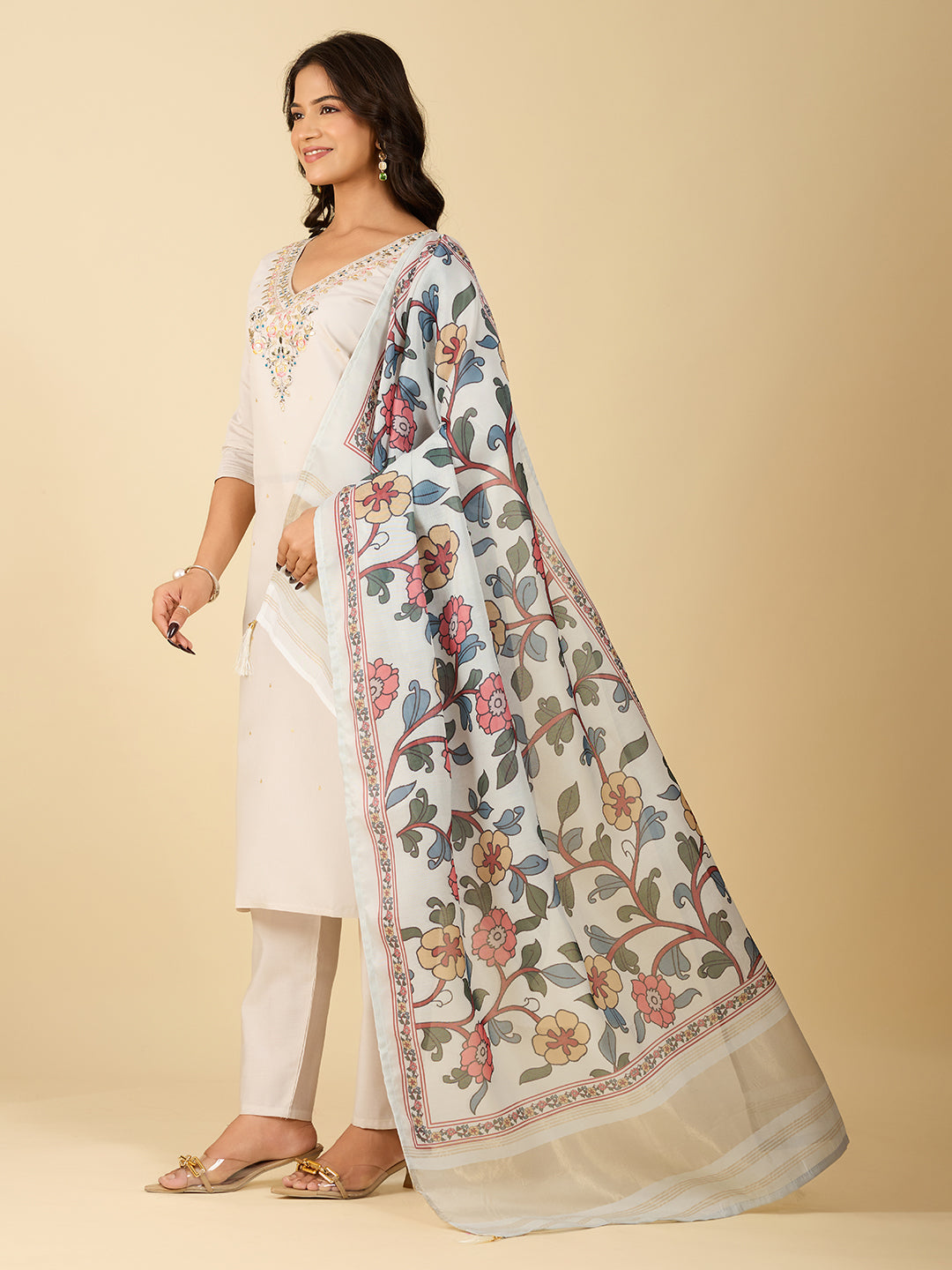 Women's Off White Viscose Chanderi Embroidery Worked V Shape Kurta Sets