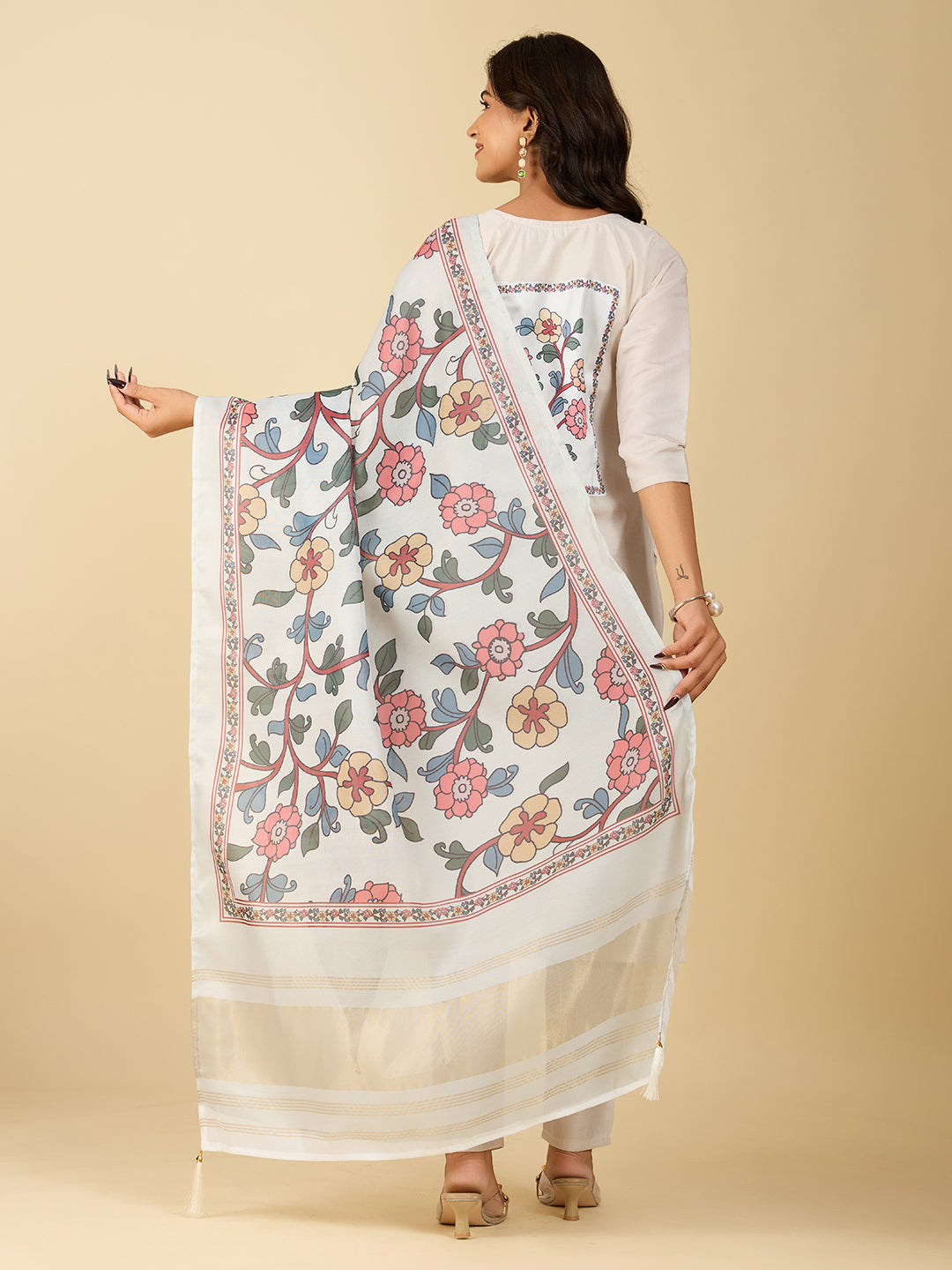 Women's Off White Viscose Chanderi Embroidery Worked V Shape Kurta Sets