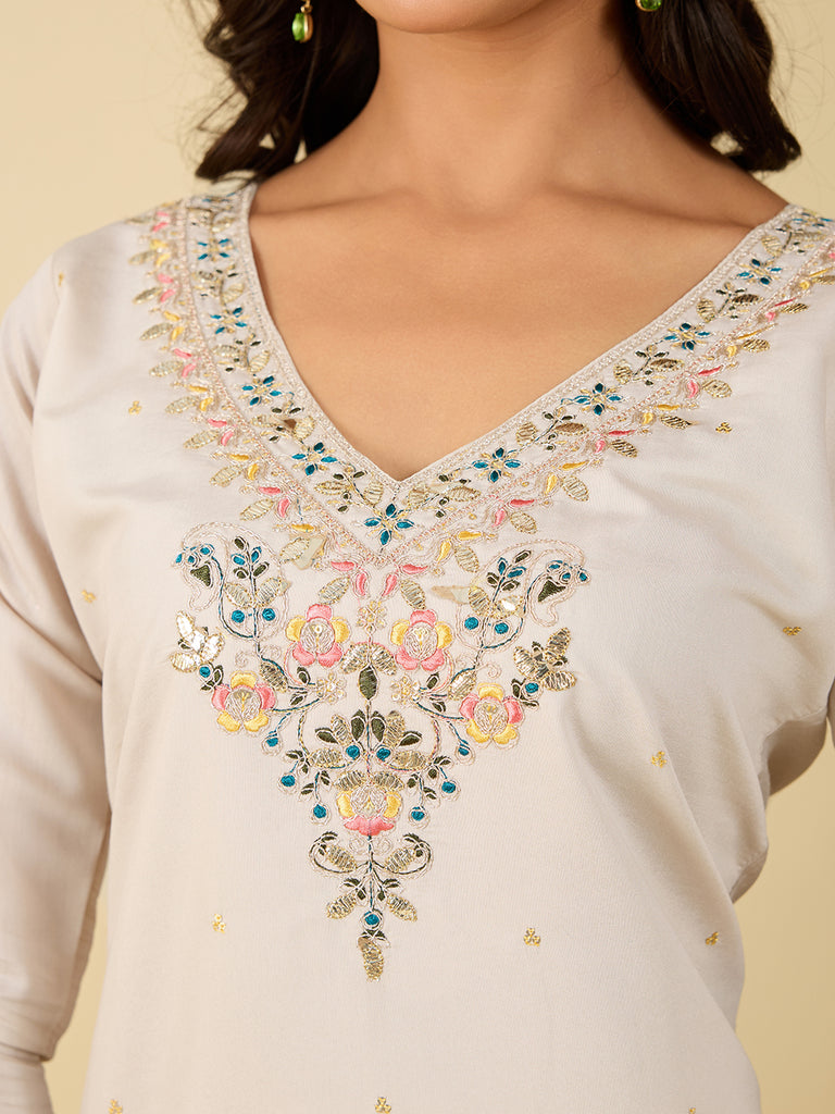 Women's Off White Viscose Chanderi Embroidery Worked V Shape Kurta Sets