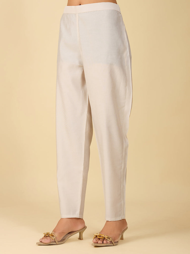 Women's Off White Viscose Chanderi Embroidery Worked V Shape Kurta Sets