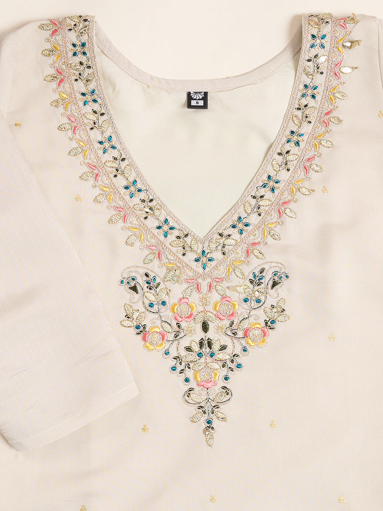 Women's Off White Viscose Chanderi Embroidery Worked V Shape Kurta Sets