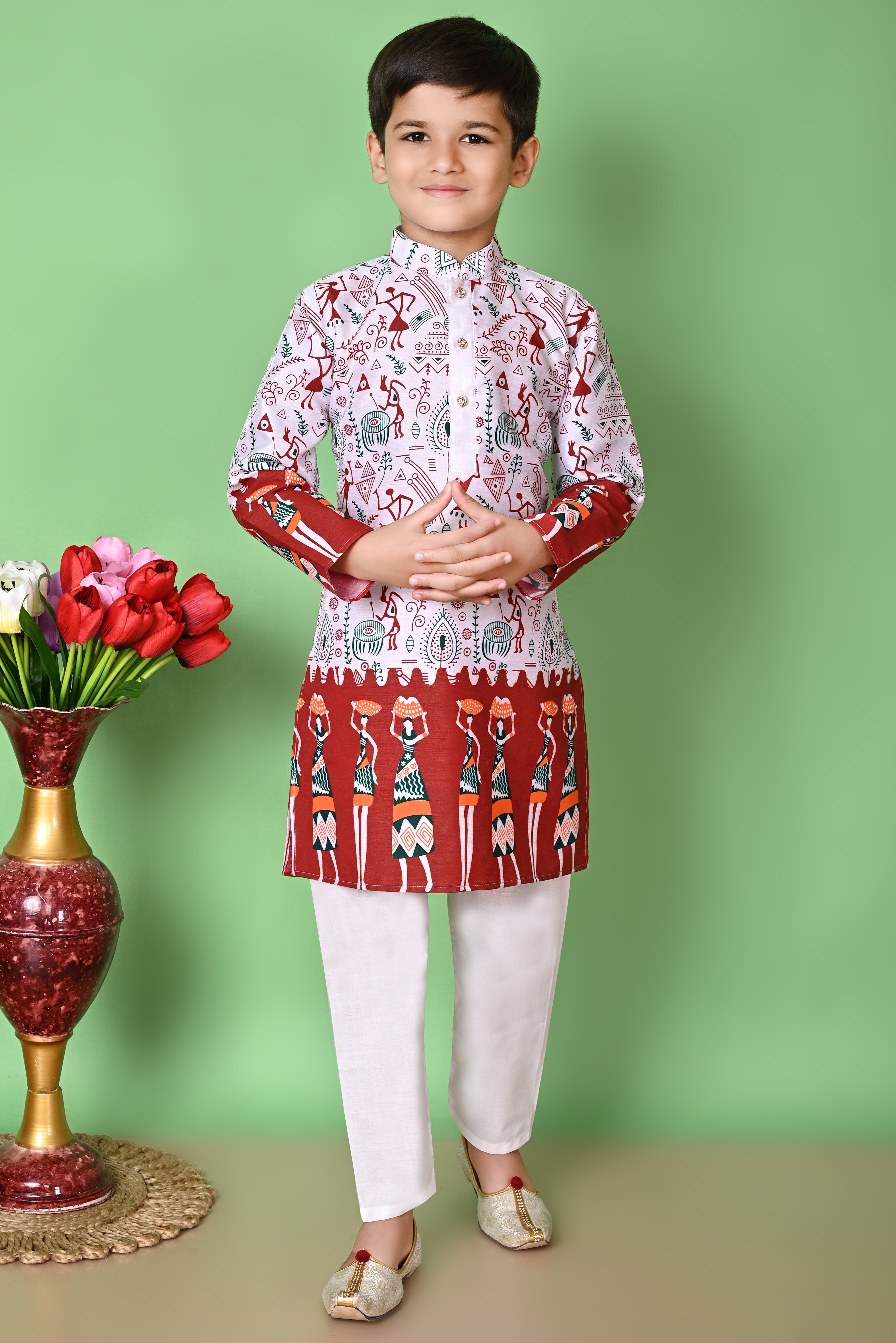 Boy's Dupion Silk  Printed Kurta And Pajama Set - Nfc Creation