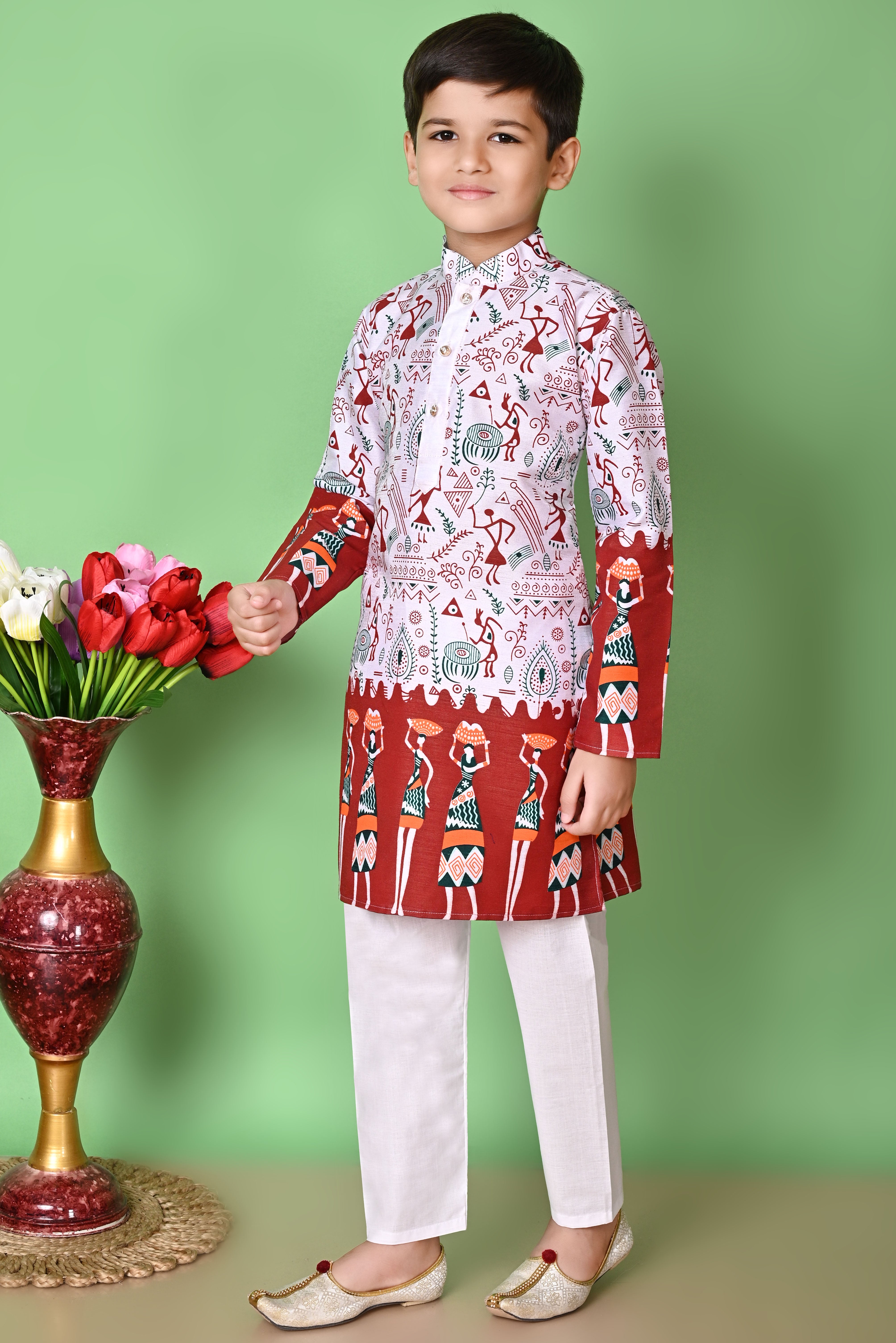 Boy's Dupion Silk  Printed Kurta And Pajama Set - Nfc Creation