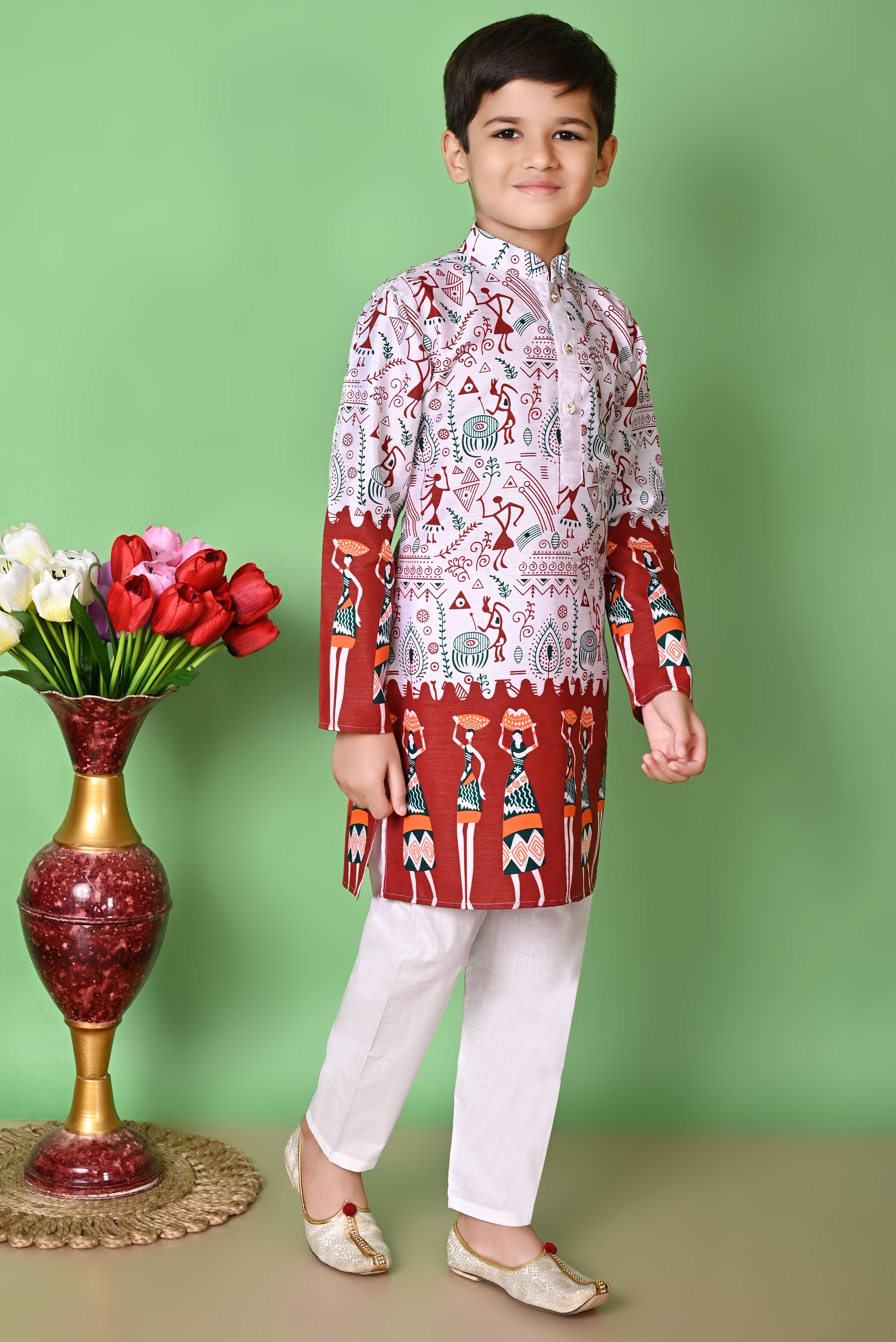 Boy's Dupion Silk  Printed Kurta And Pajama Set - Nfc Creation