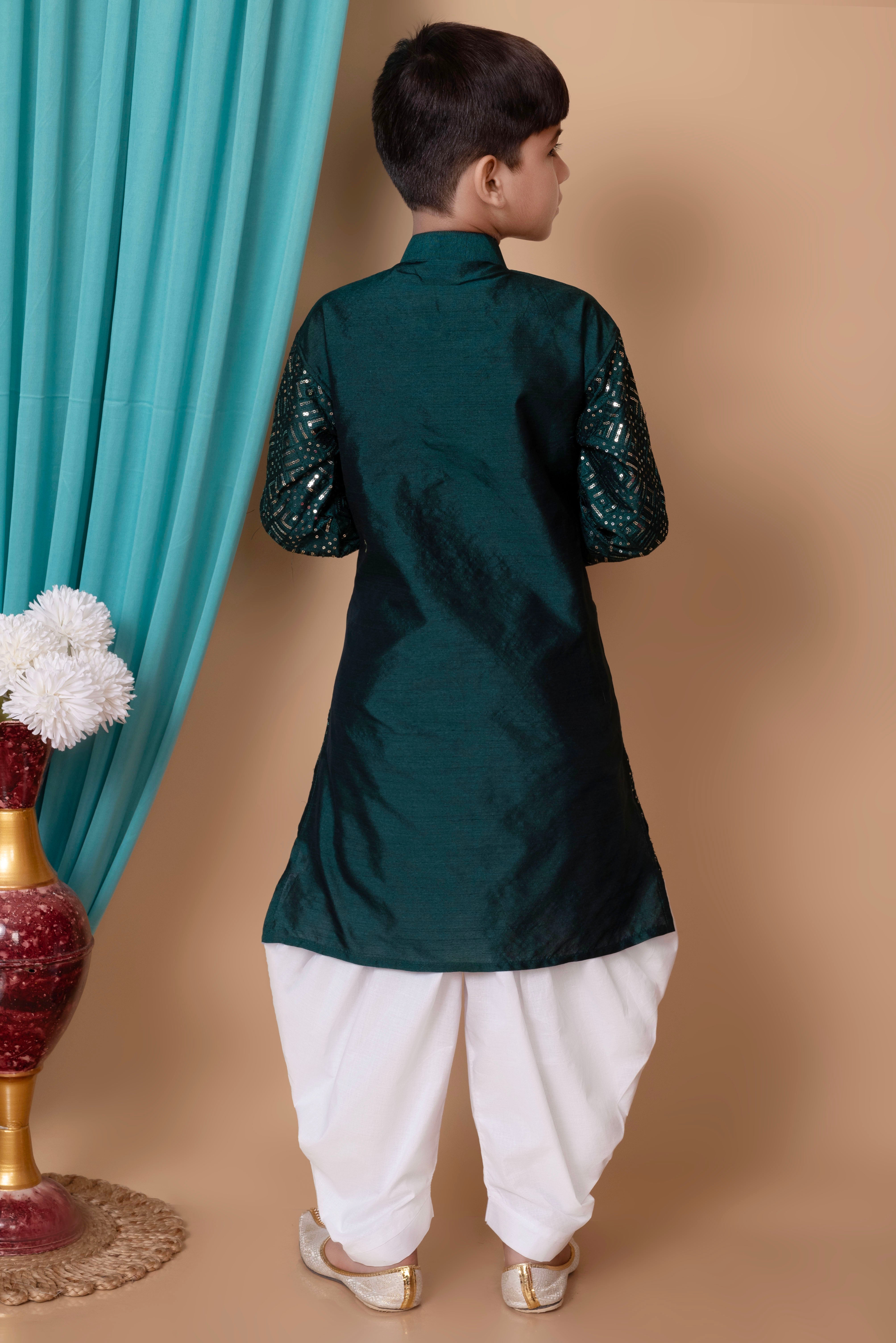 Boy's Dupion Silk  Embroidery & Sequins Work Kurta And Patiyala Set - Nfc Creation