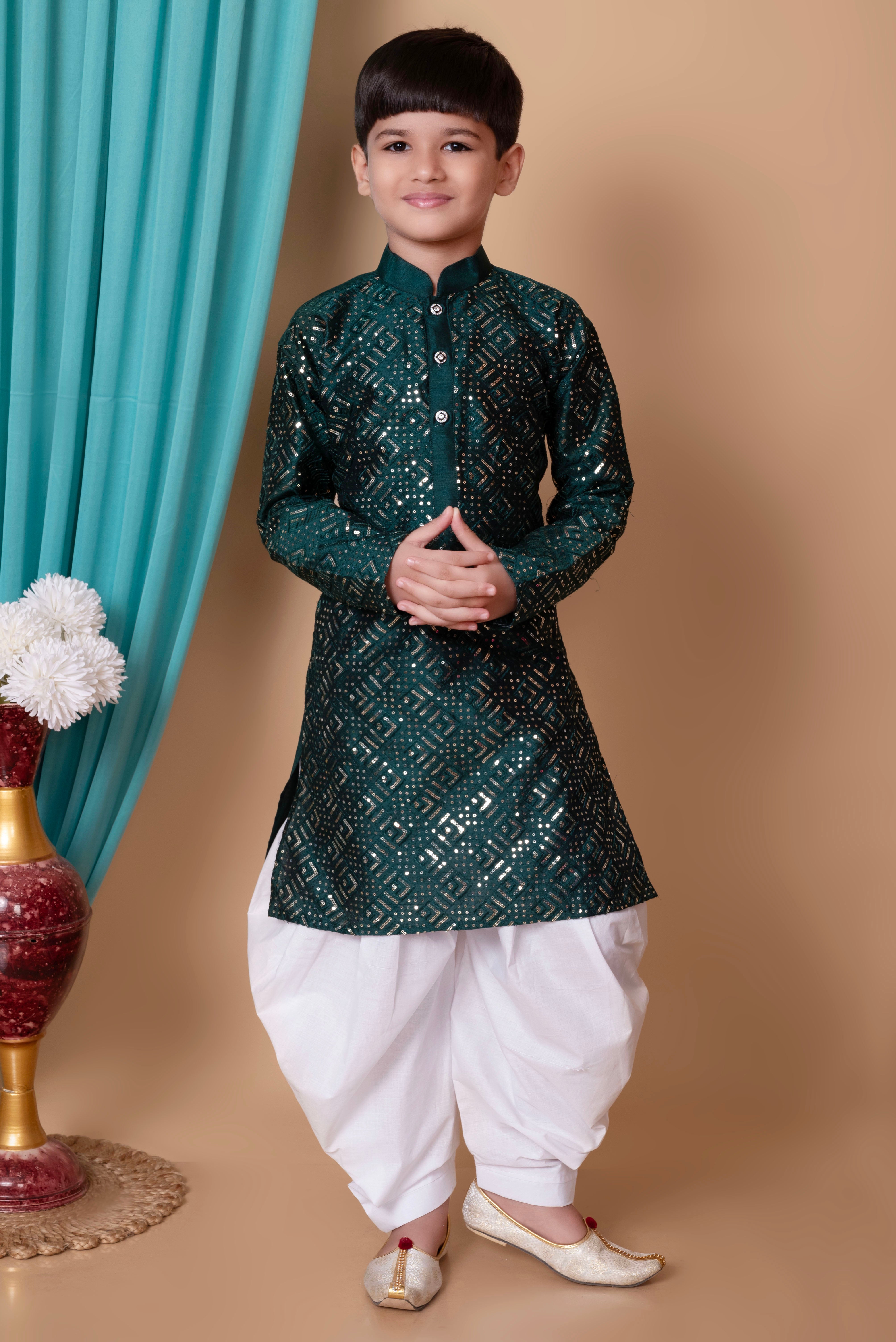 Boy's Dupion Silk  Embroidery & Sequins Work Kurta And Patiyala Set - Nfc Creation