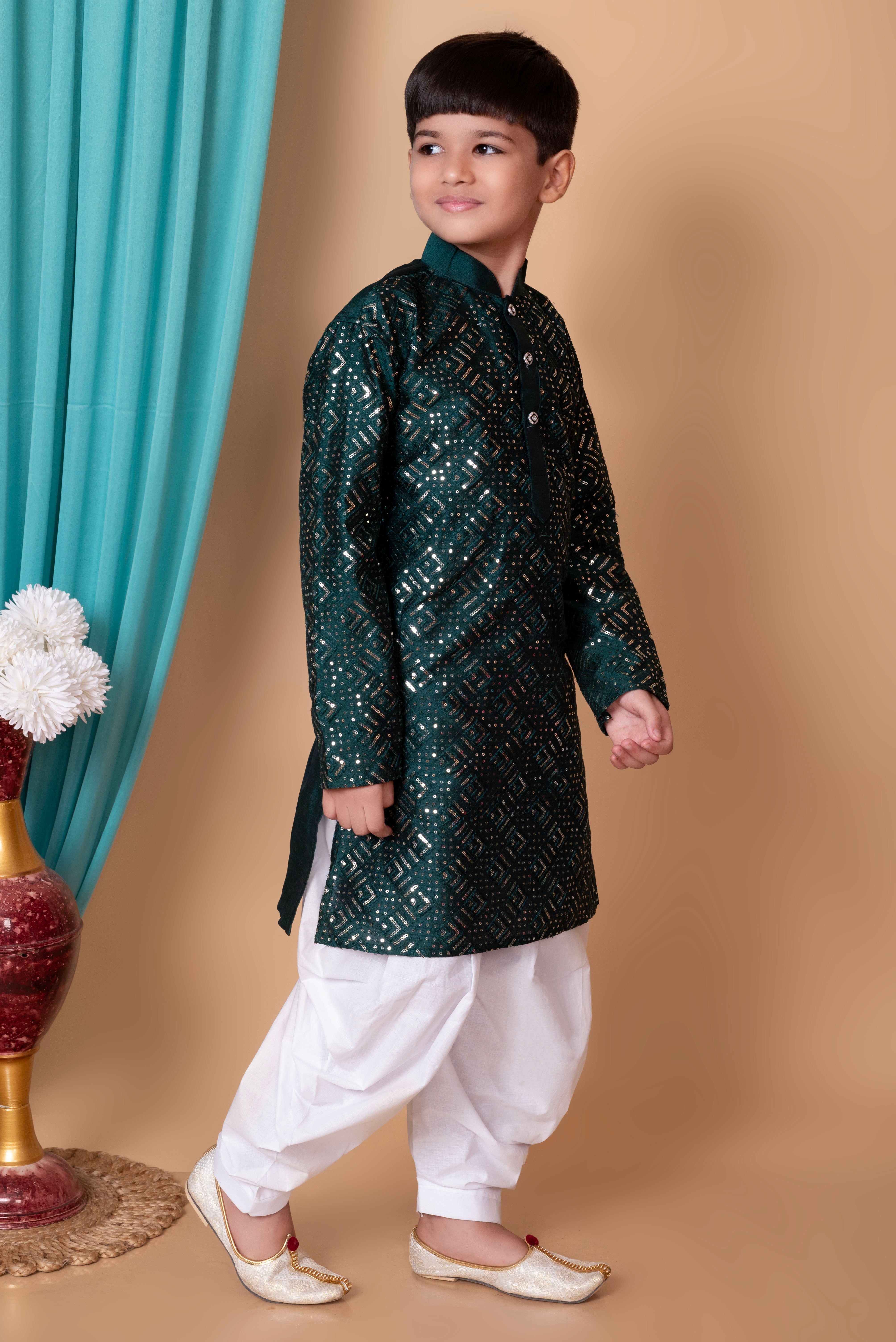 Boy's Dupion Silk  Embroidery & Sequins Work Kurta And Patiyala Set - Nfc Creation