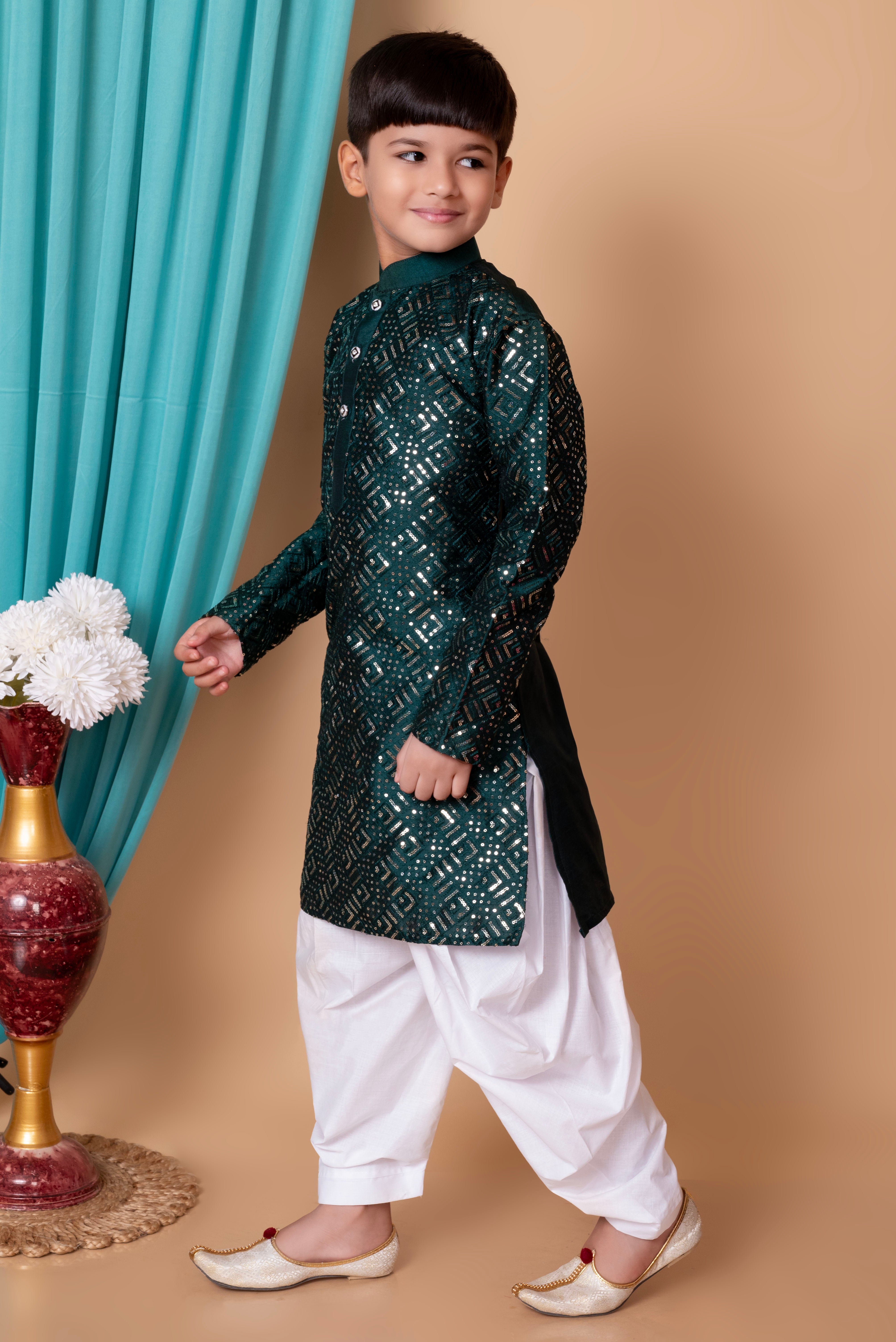 Boy's Dupion Silk  Embroidery & Sequins Work Kurta And Patiyala Set - Nfc Creation