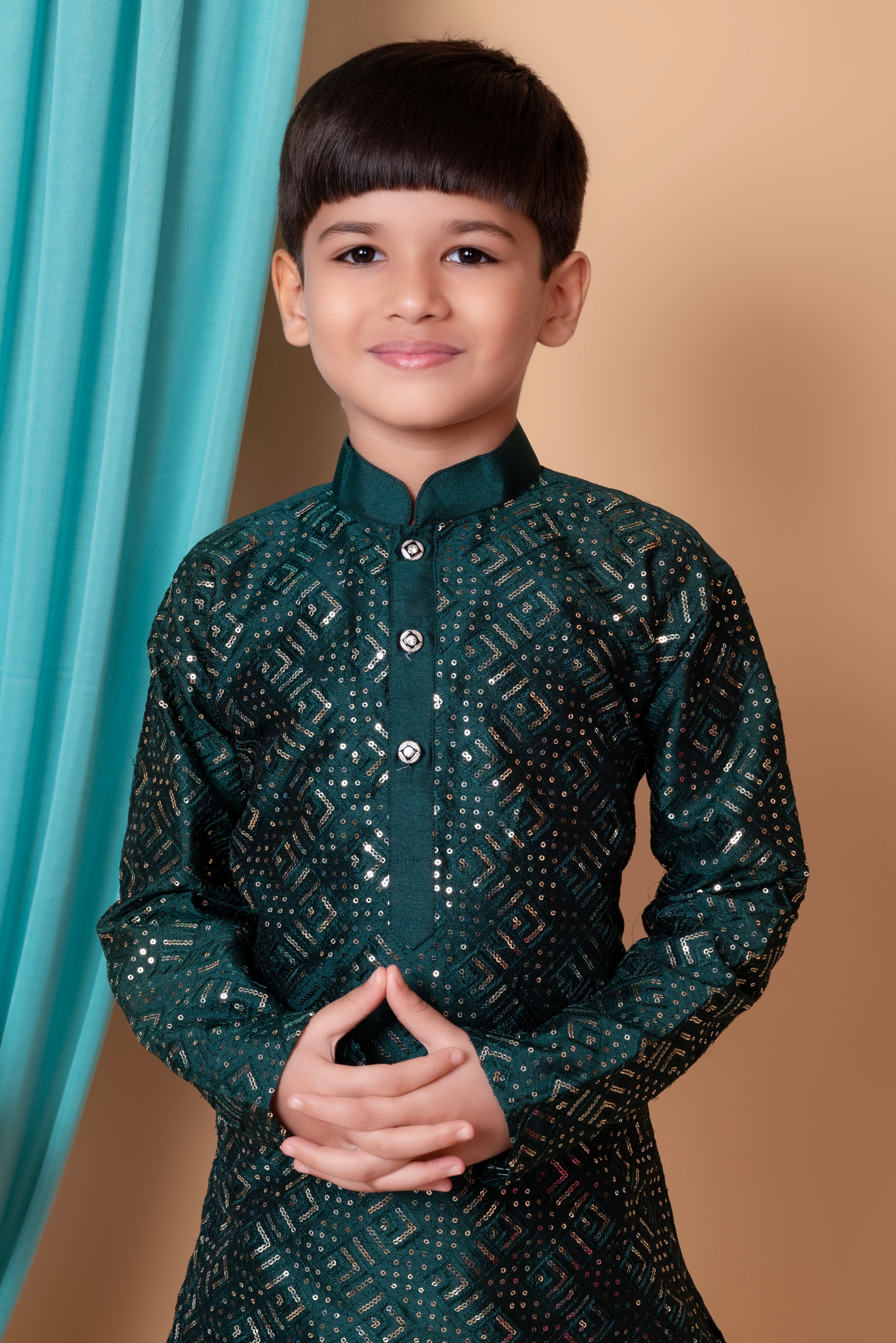 Boy's Dupion Silk  Embroidery & Sequins Work Kurta And Patiyala Set - Nfc Creation