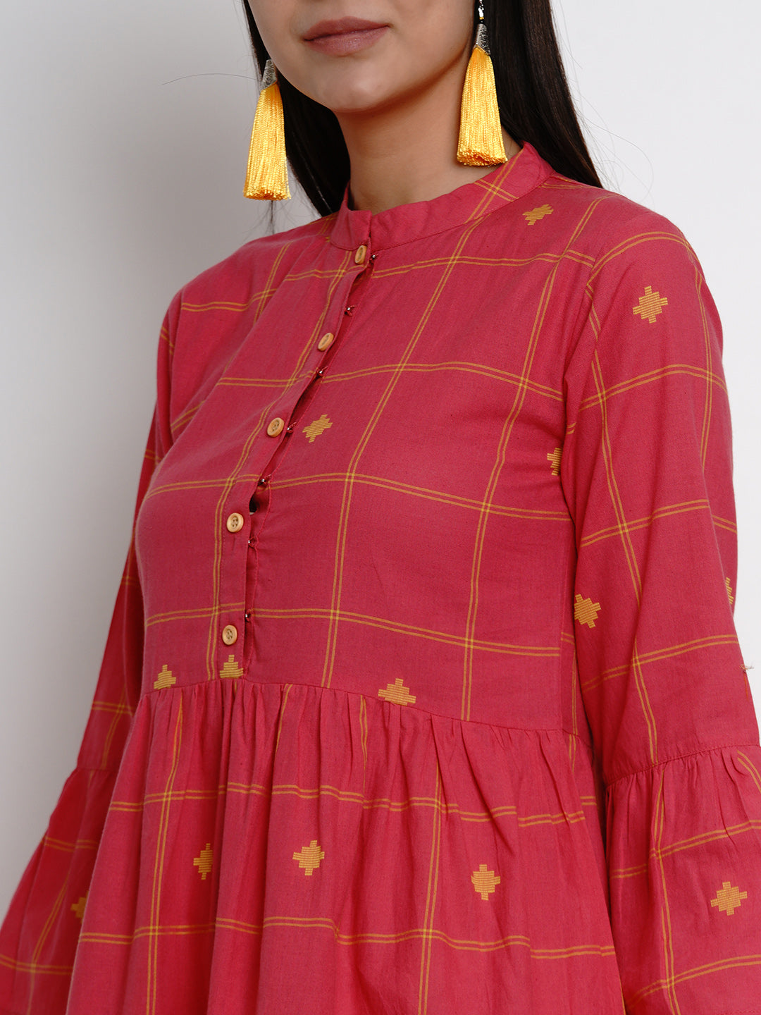 Women's Pink Yellow Plaid A-Line Gathers Detailed Ethnic Dress - Bhama Couture