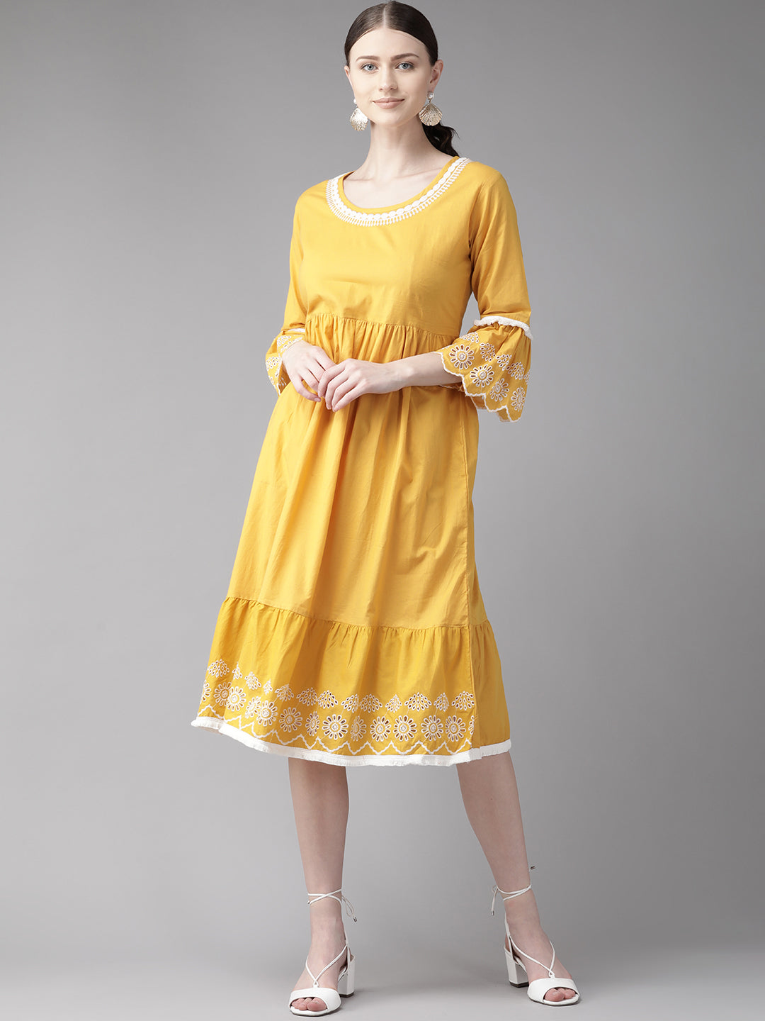 Women's Mustard Yellow Solid Embroidered Dress - Bhama Couture