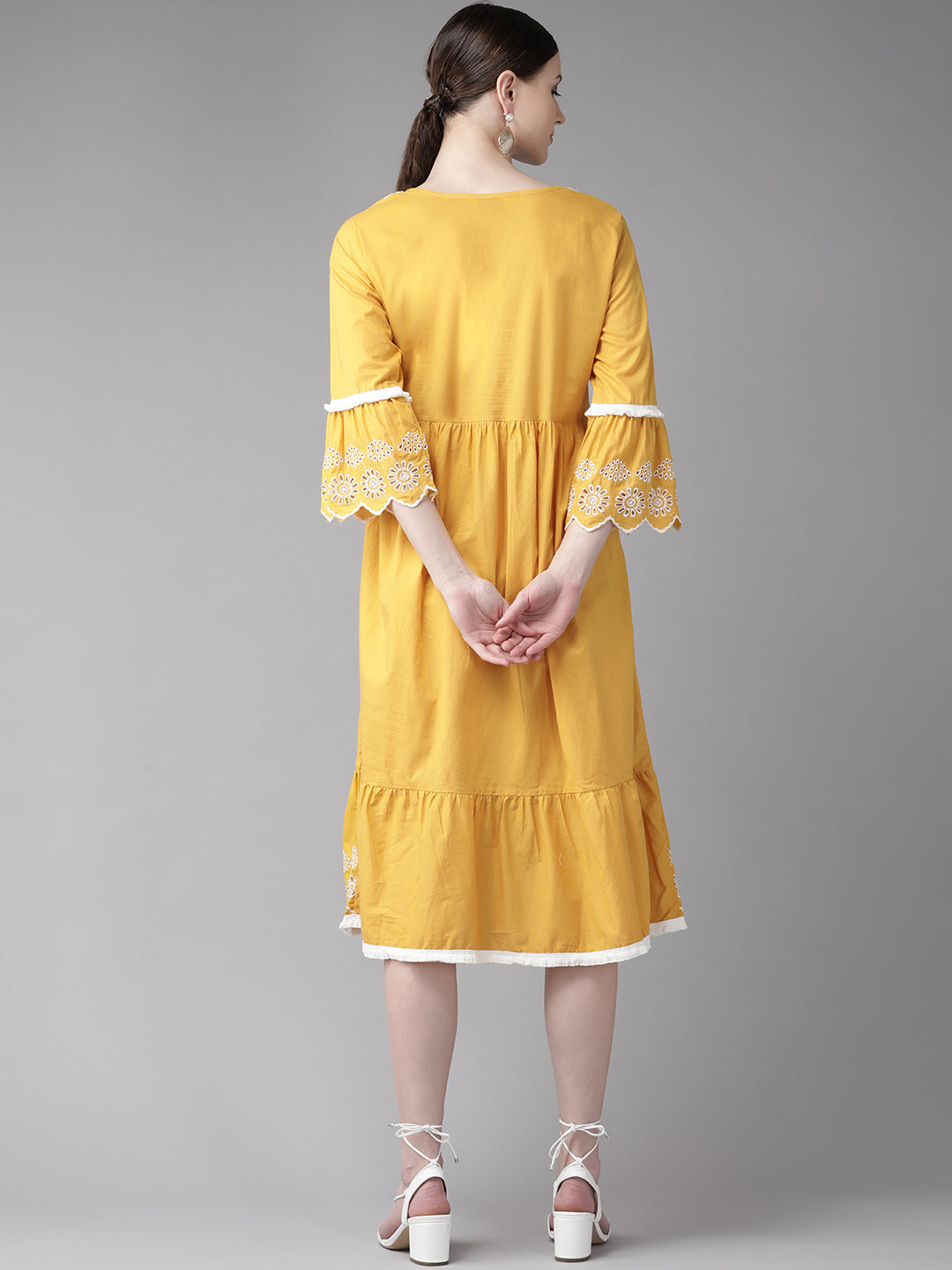 Women's Mustard Yellow Solid Embroidered Dress - Bhama Couture