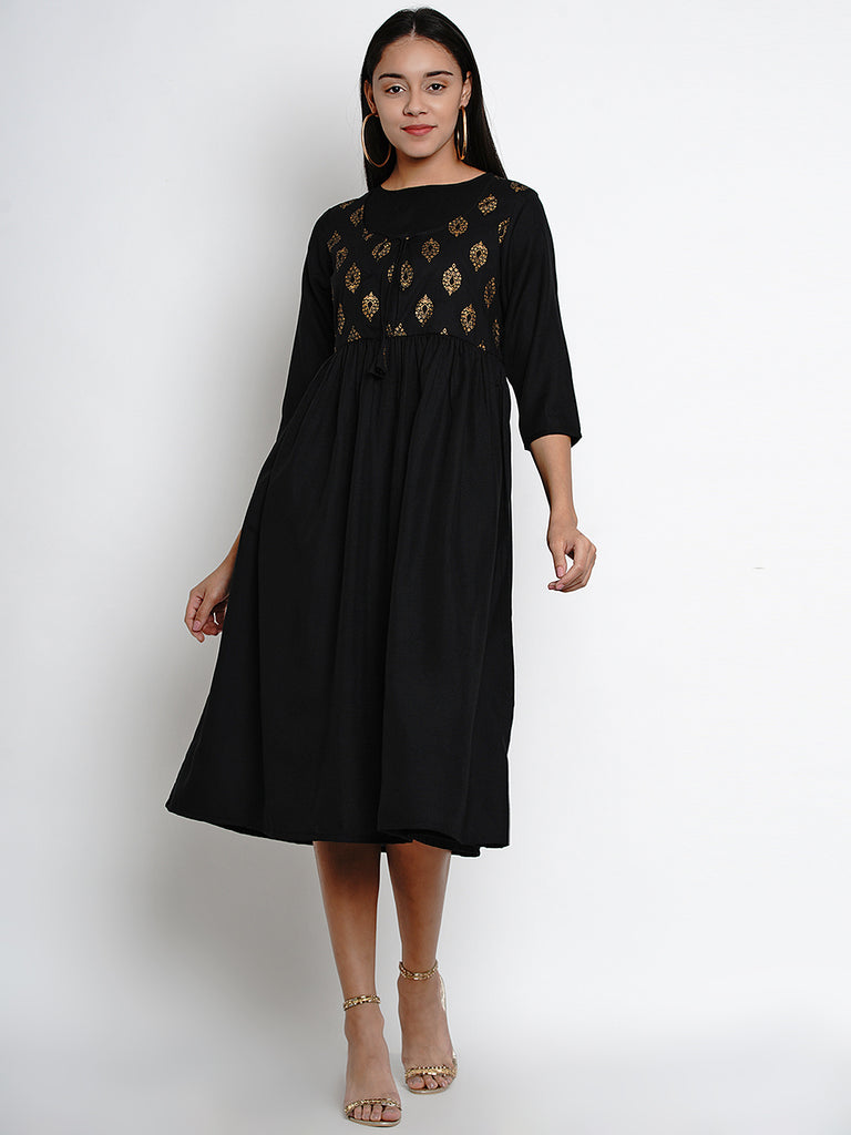 Women's Black Printed A-Line Dress