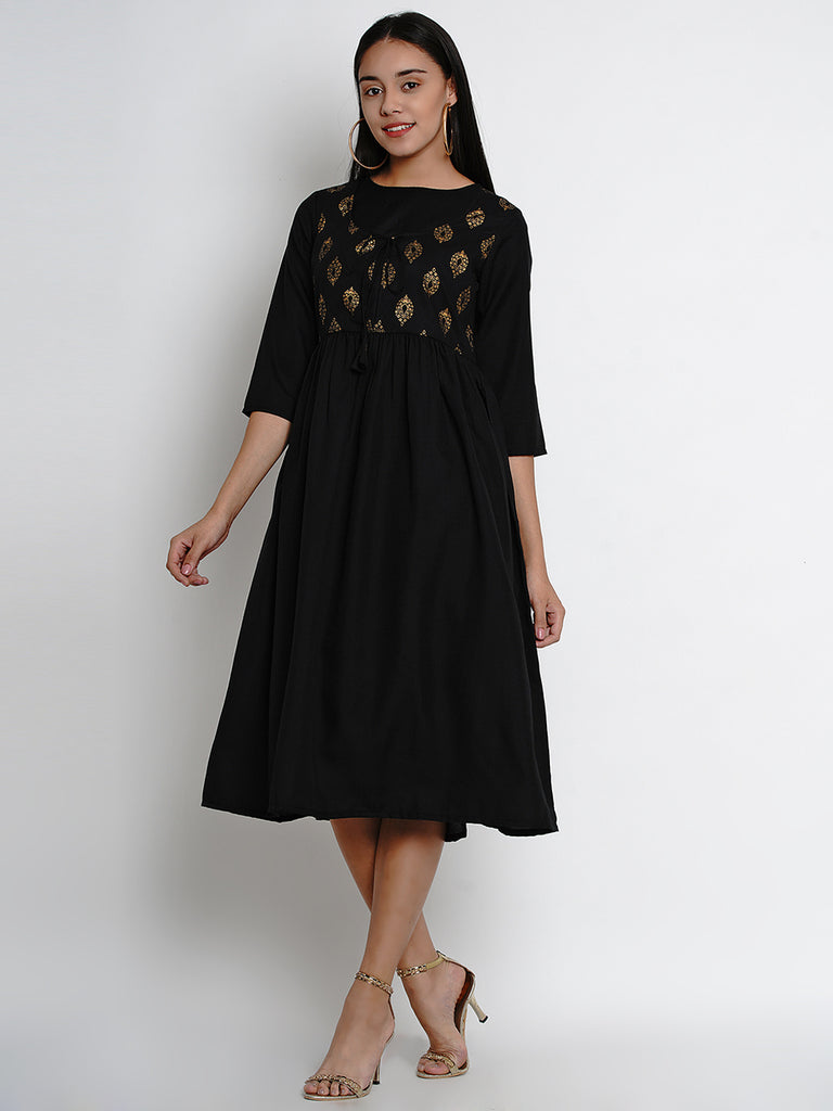 Women's Black Printed A-Line Dress