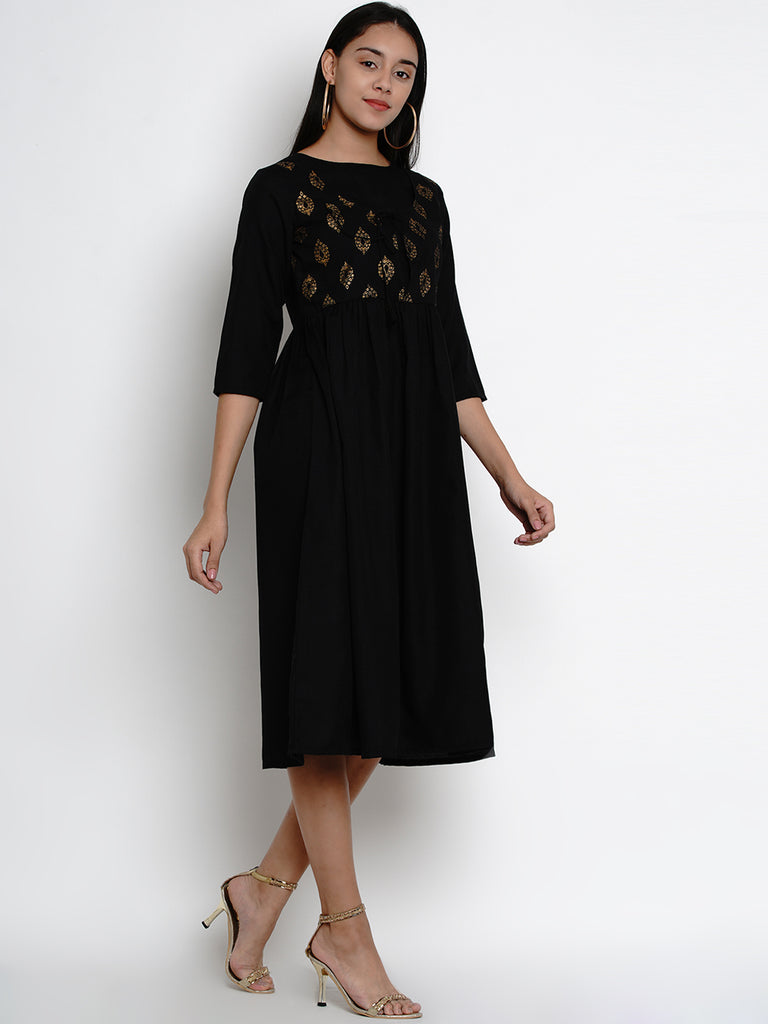 Women's Black Printed A-Line Dress