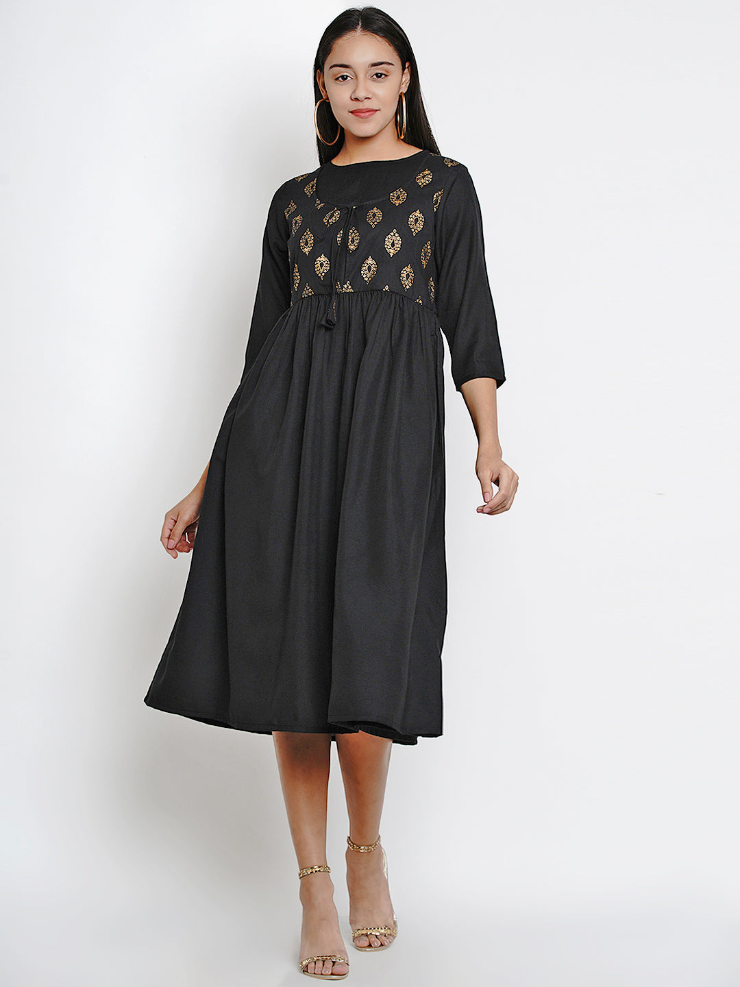 Women's Black Printed A-Line Dress - Bhama Couture