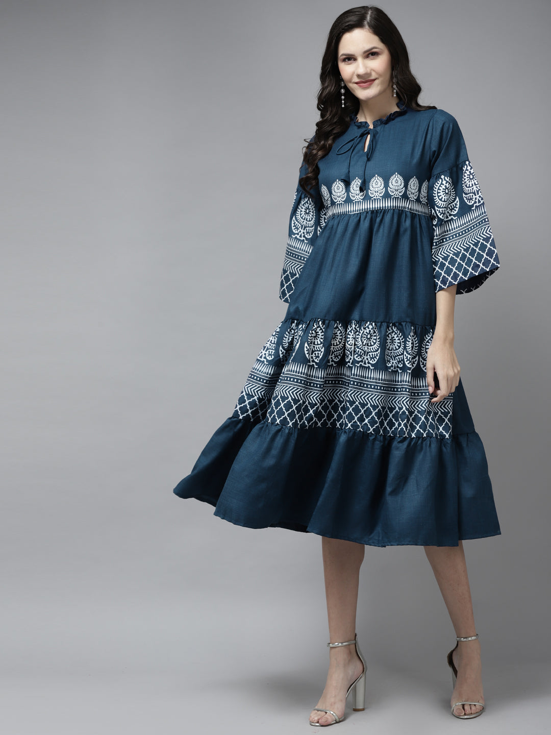 Women's Blue Printed Dress With Ruffle Detailing - Bhama Couture