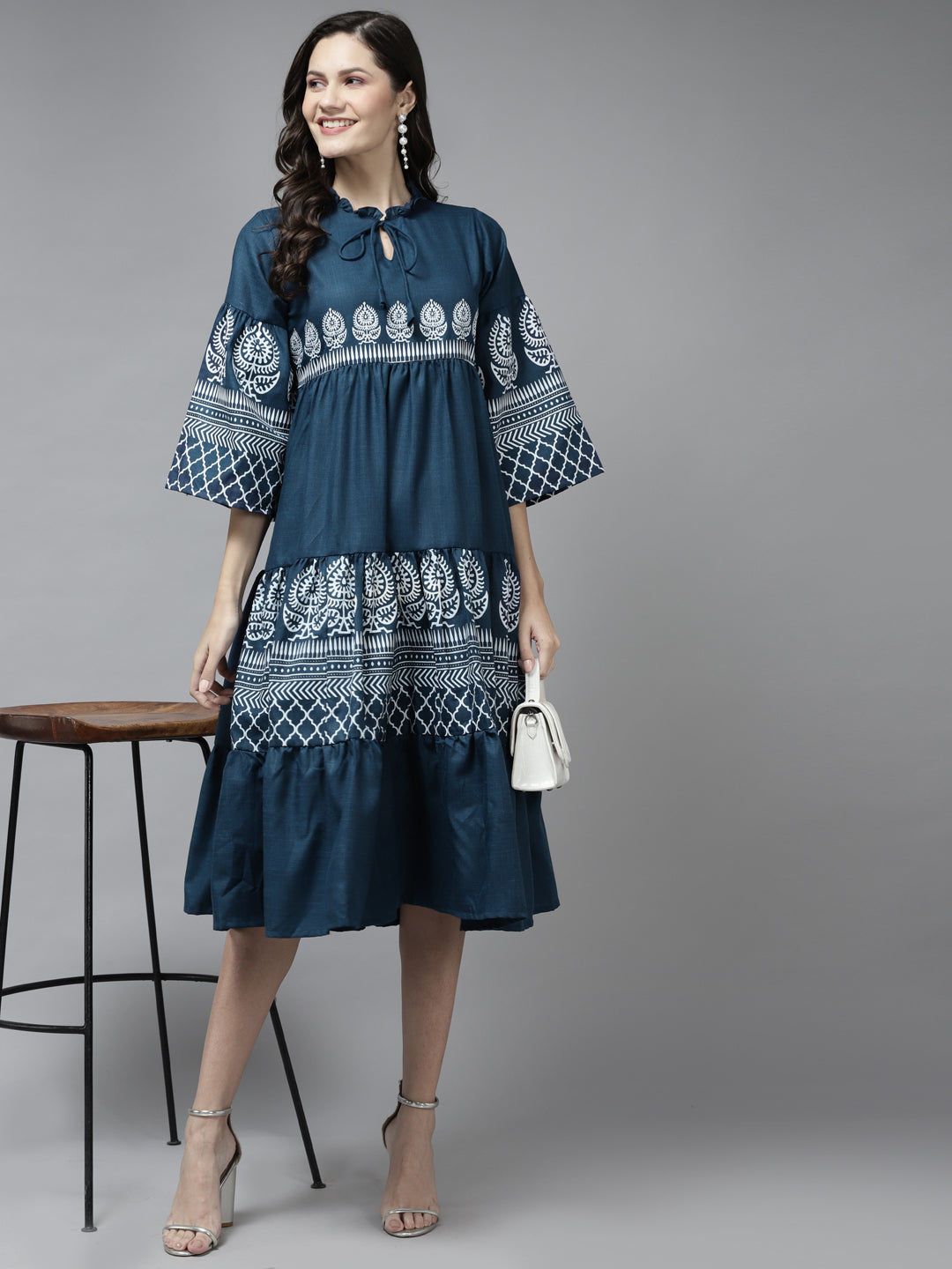 Women's Blue Printed Dress With Ruffle Detailing - Bhama Couture