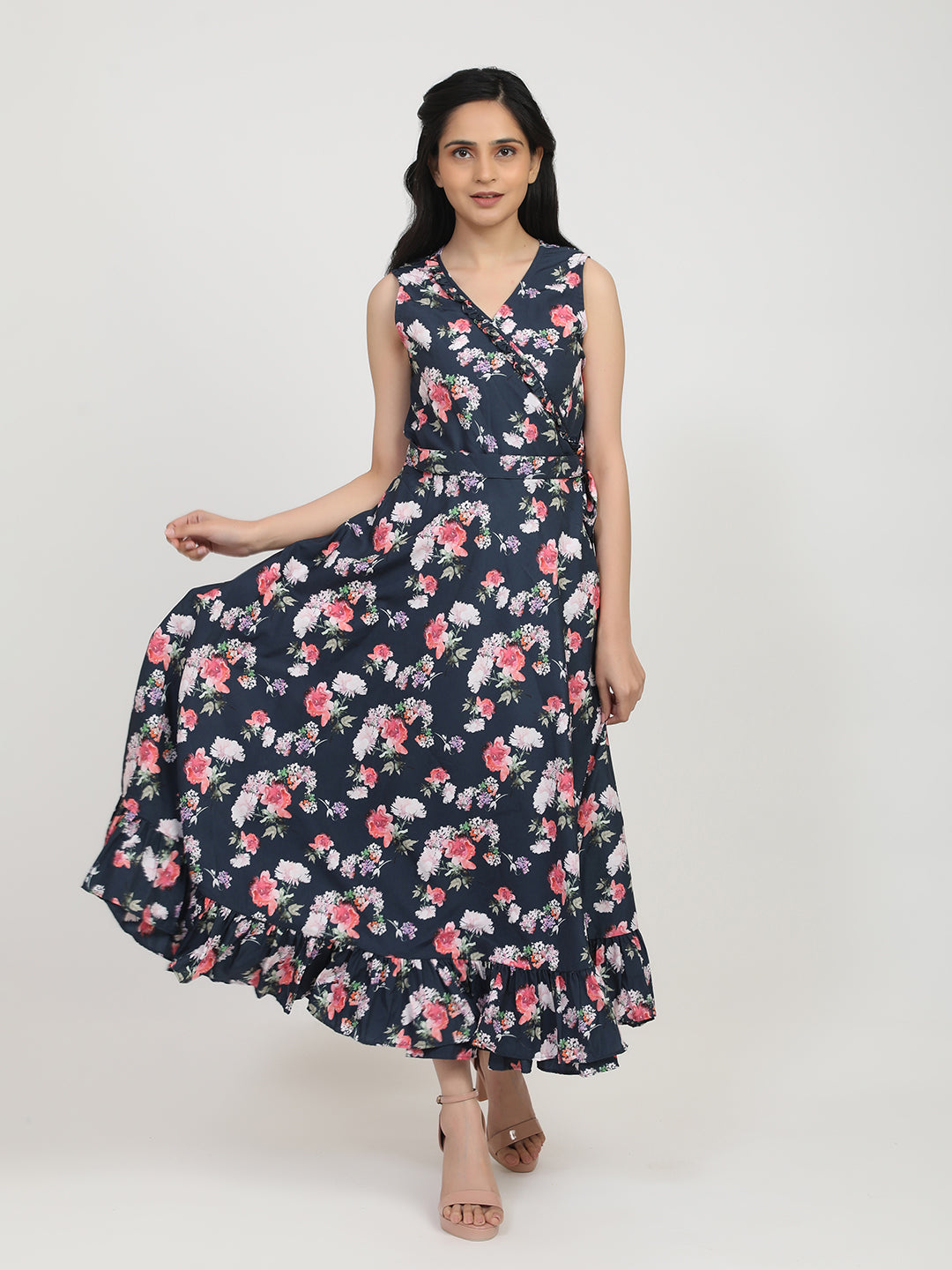 Women's Navy Blue Floral Crepe Maxi Dress - Bhama Couture