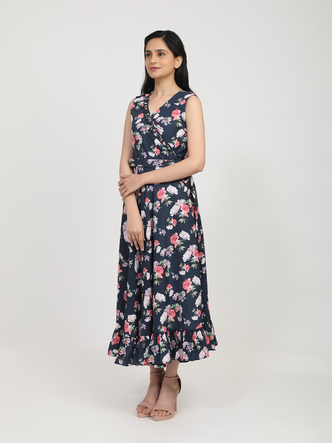 Women's Navy Blue Floral Crepe Maxi Dress - Bhama Couture