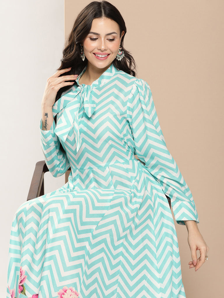 Women's Turquoise Blue Printed Long Dress With Tie-Up Neck