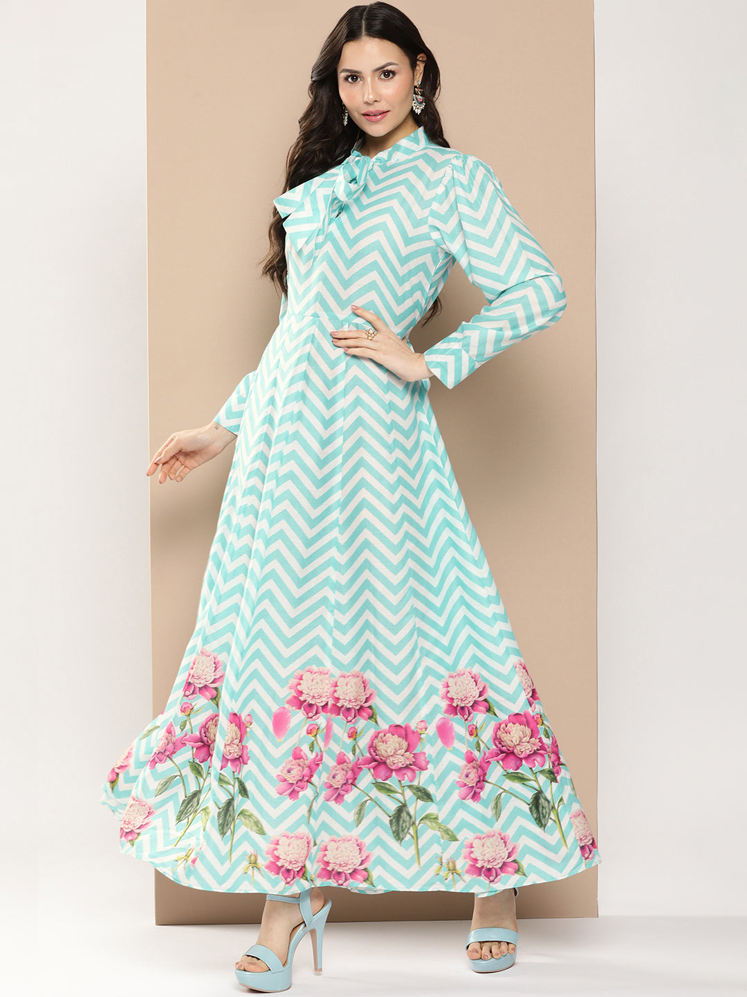 Women's Turquoise Blue Printed Long Dress With Tie-Up Neck - Bhama Couture