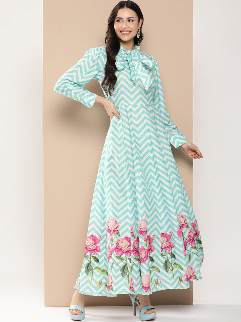 Women's Turquoise Blue Printed Long Dress With Tie-Up Neck