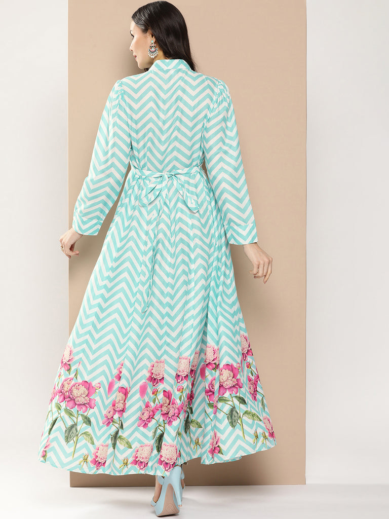Women's Turquoise Blue Printed Long Dress With Tie-Up Neck