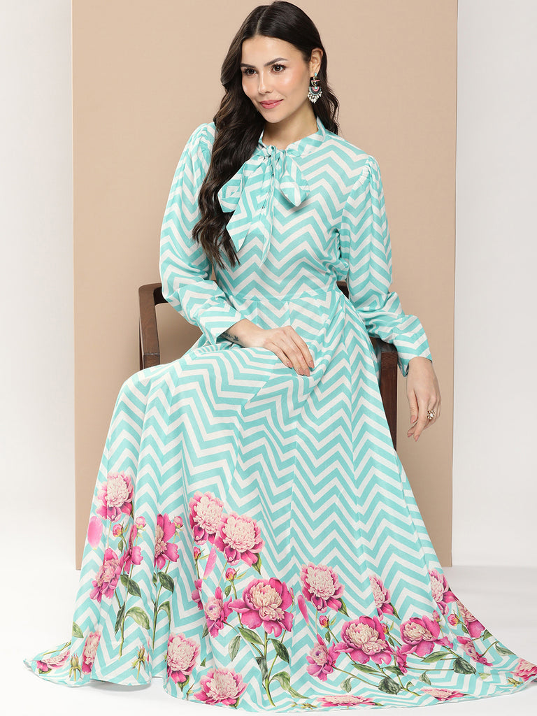 Women's Turquoise Blue Printed Long Dress With Tie-Up Neck