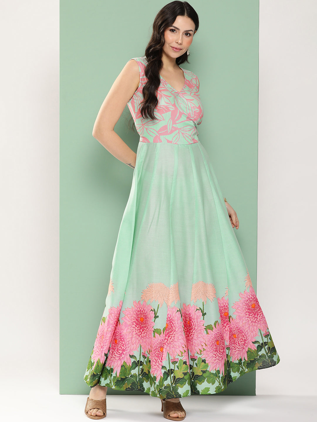 Women's Turquoise Blue Printed Long Dress With V-Neck - Bhama Couture