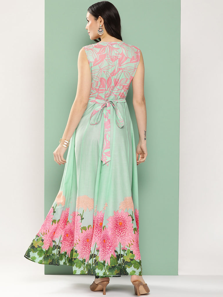 Women's Turquoise Blue Printed Long Dress With V-Neck