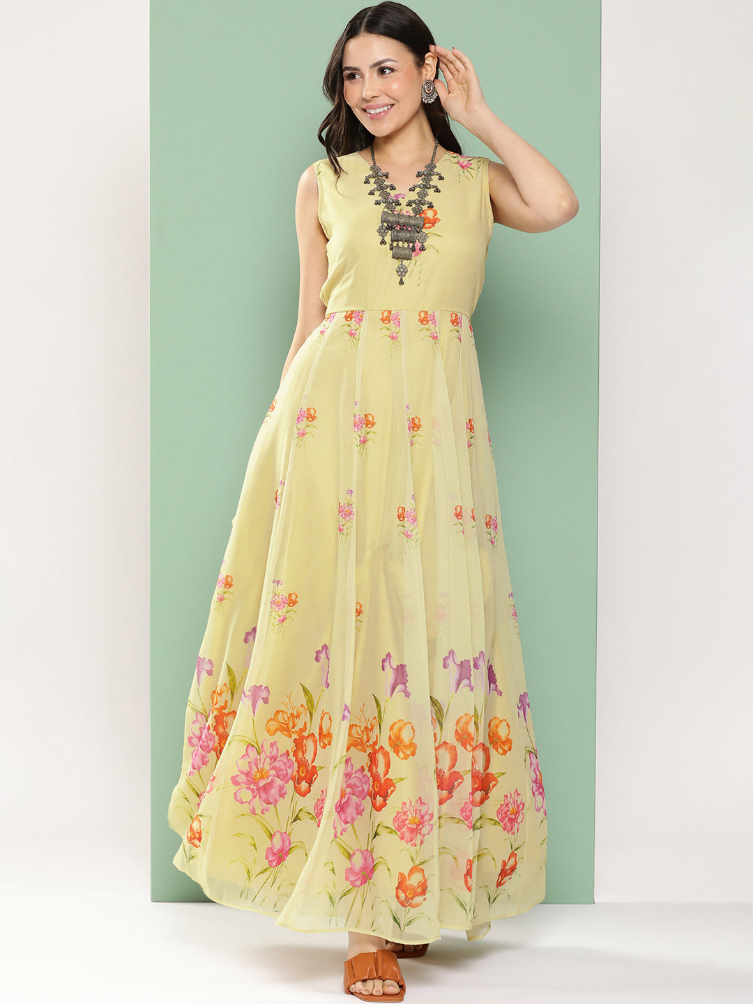 Women's Yellow Printed Long Dress V-Neck With Lace Details - Bhama Couture