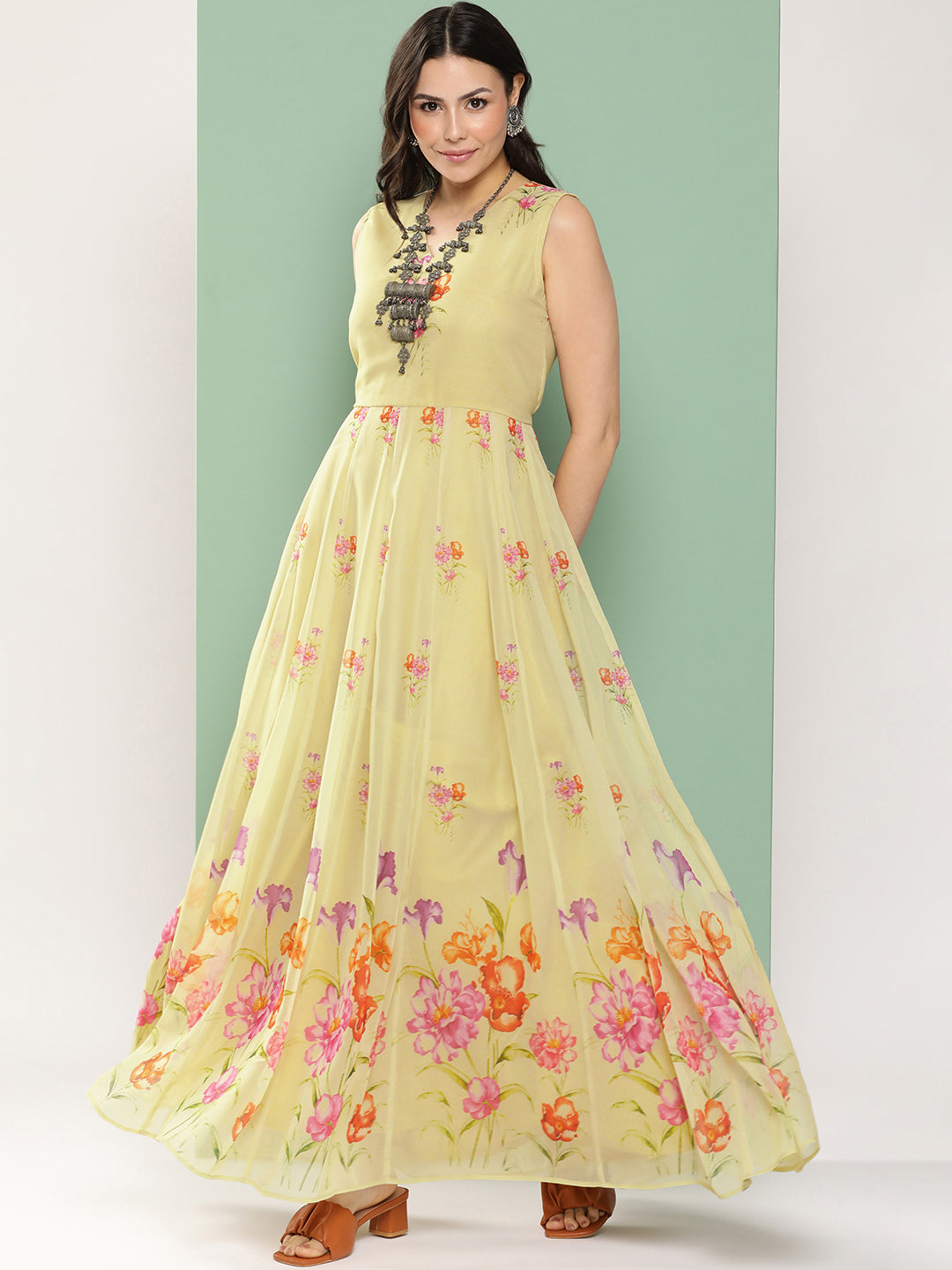 Women's Yellow Printed Long Dress V-Neck With Lace Details - Bhama Couture