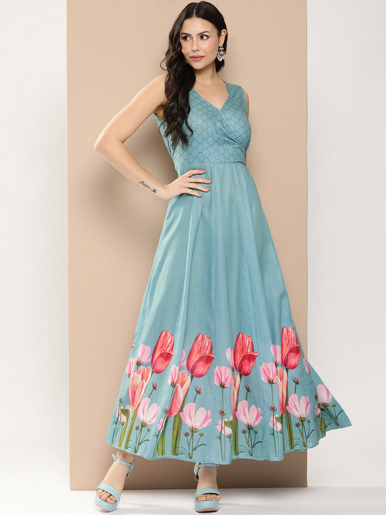 Women's Turquoise Blue Printed Long Dress With V-Neck