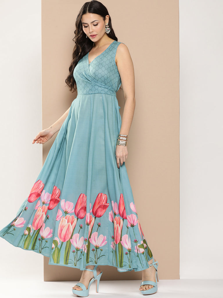 Women's Turquoise Blue Printed Long Dress With V-Neck