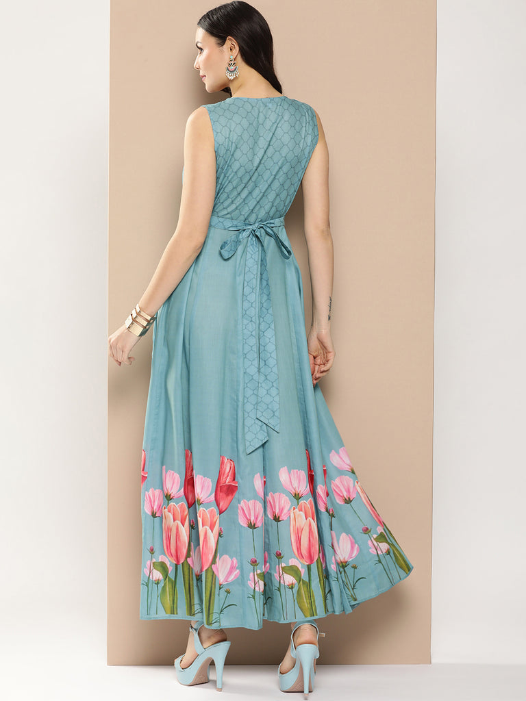Women's Turquoise Blue Printed Long Dress With V-Neck