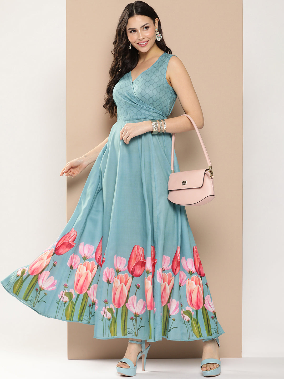 Women's Turquoise Blue Printed Long Dress With V-Neck Blue / L