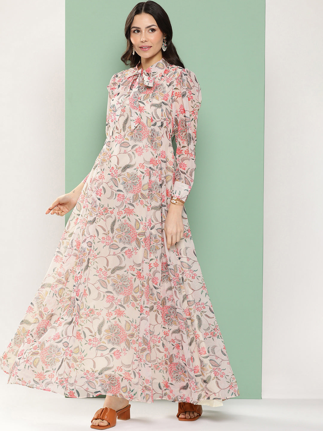 Women's Off-White Printed Long Dress With Tie-Up Neck - Bhama Couture