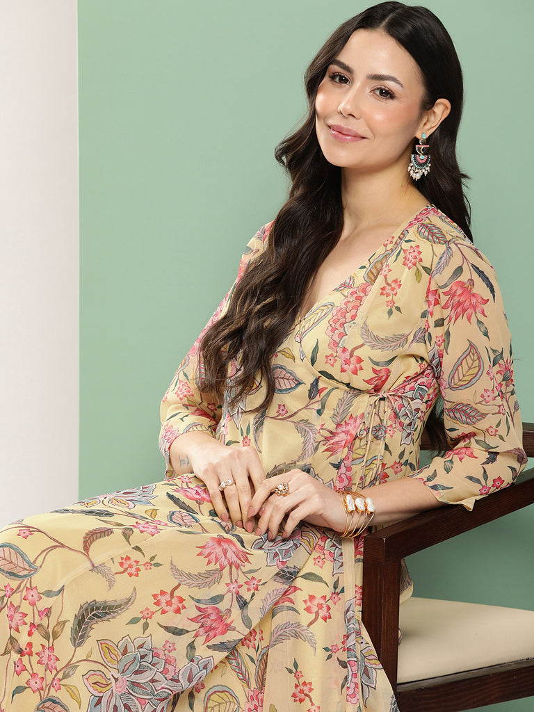 Women's Yellow Printed Angrakha Long Dress With V-Neck