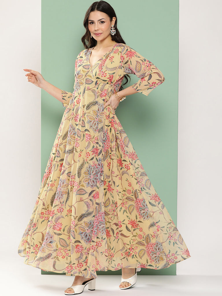 Women's Yellow Printed Angrakha Long Dress With V-Neck