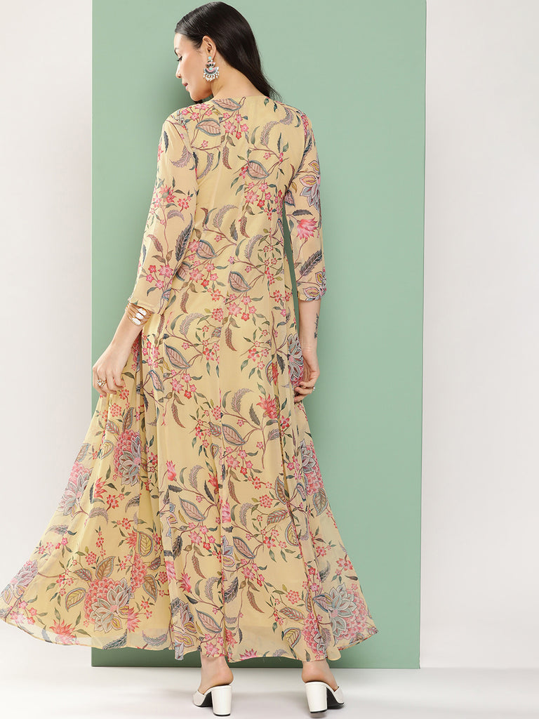 Women's Yellow Printed Angrakha Long Dress With V-Neck