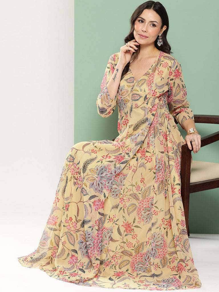 Women's Yellow Printed Angrakha Long Dress With V-Neck