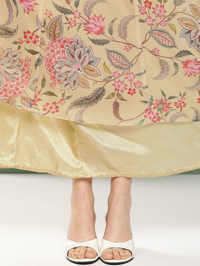 Women's Yellow Printed Angrakha Long Dress With V-Neck
