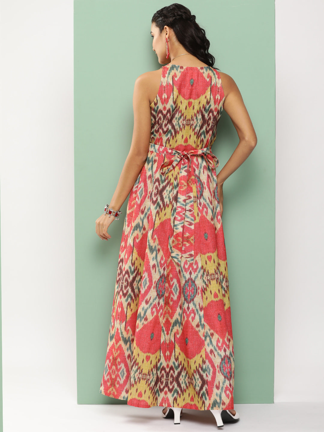 Women's Red Printed Long Dress With Waist Belt - Bhama Couture