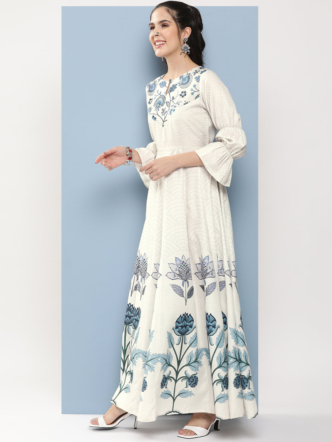 Women's Off-White & Blue Printed Long Dress With Waist Belt - Bhama Couture