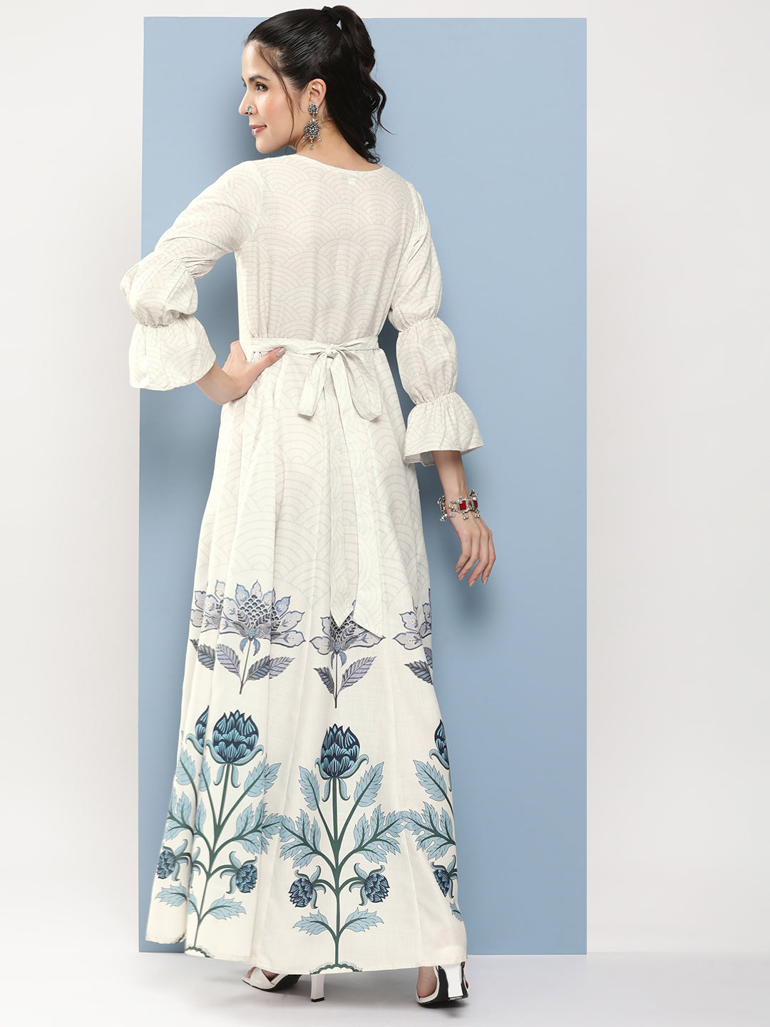 Women's Off-White & Blue Printed Long Dress With Waist Belt - Bhama Couture