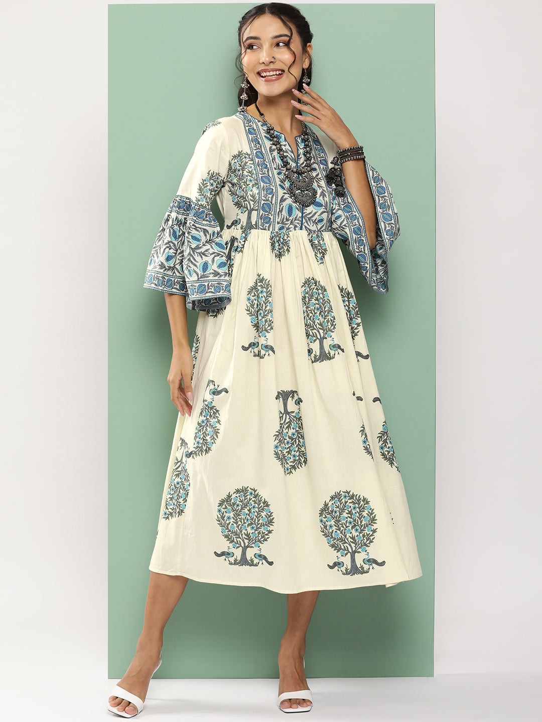 Women's Off-White Printed Long Dress With Waist Belt - Bhama Couture