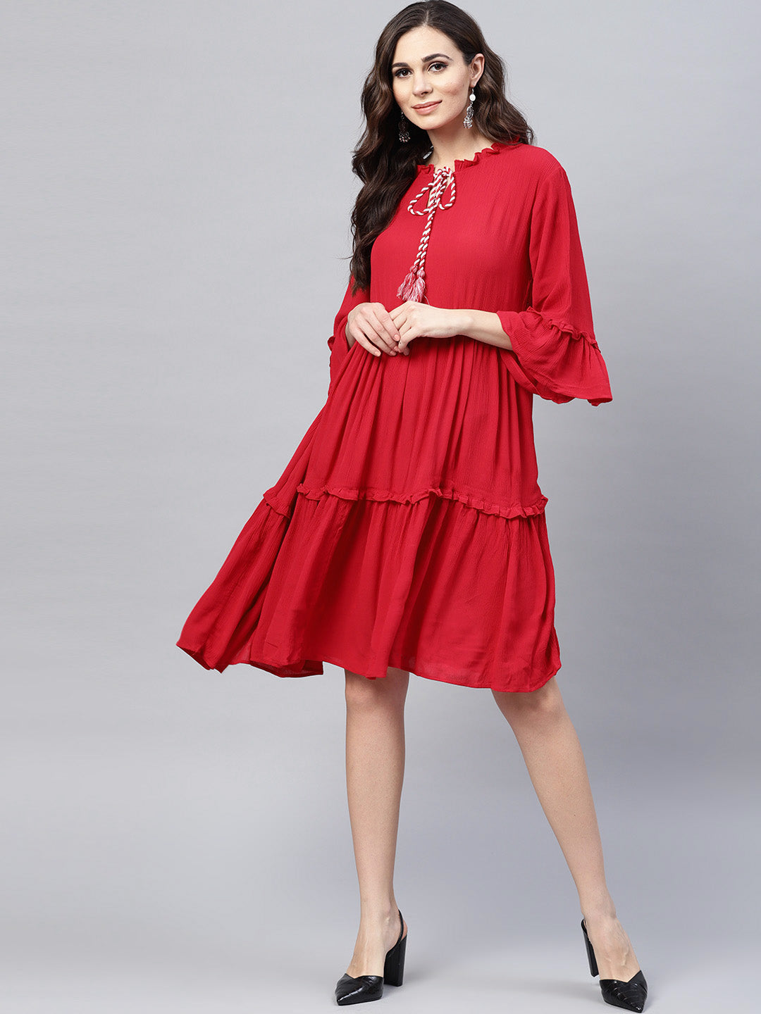 Women's Red Solid A-Line Dress - Bhama Couture
