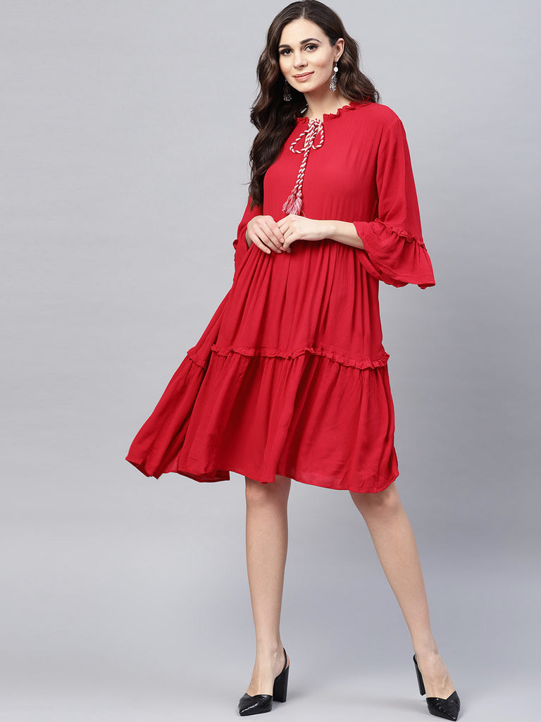 Women's Red Solid A-Line Dress