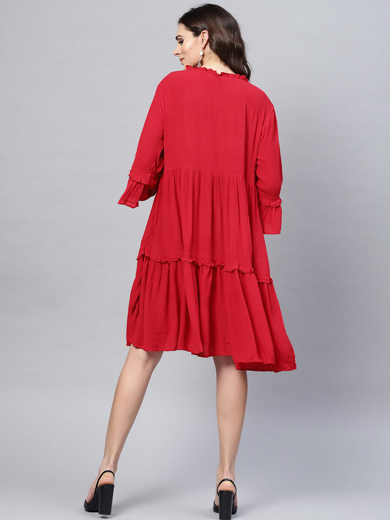Women's Red Solid A-Line Dress
